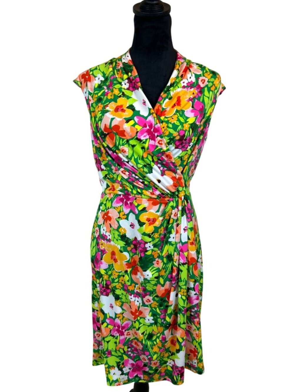 Vince Camuto Faux Wrap Sheath Dress Size 8 Floral Green Pink Spring Summer Boho - Picture 2 of 14